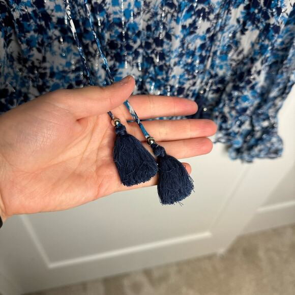 NWT Ramy Brook Celeste Blue Floral Printed Tassel Ruffle Sheer Blouse Size Small - Picture 6 of 11